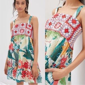 Anthropologie Farm Rio Crochet Mini Dress Floral Square Neck Tropical Hawaiian S
